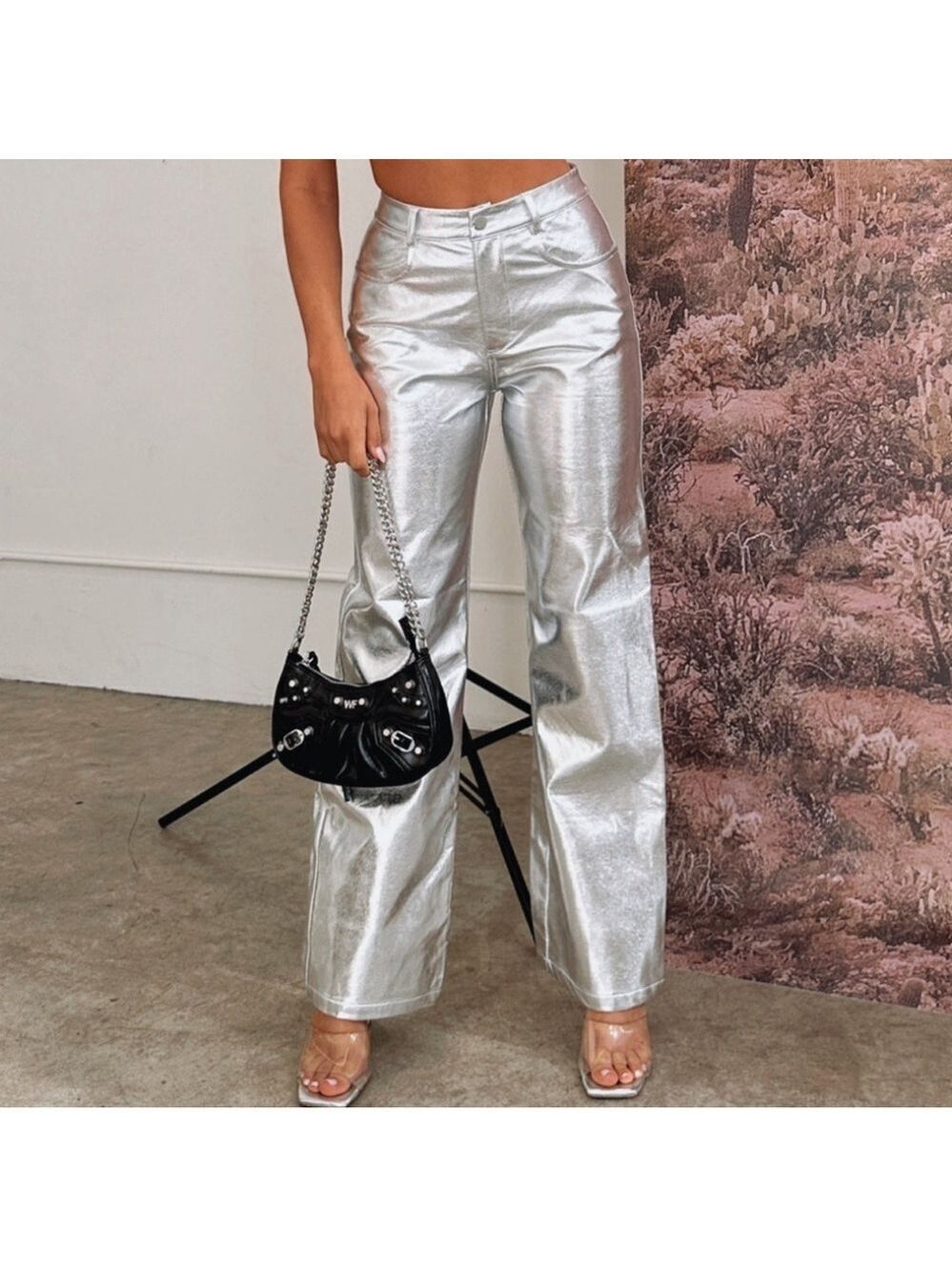7 For All Mankind metallic silver liquid foil faux leather straight leg pants M